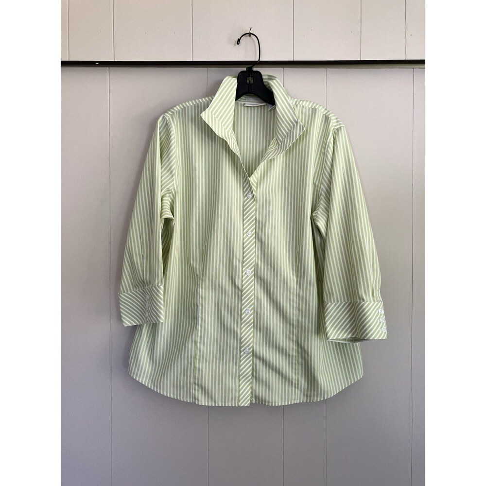 Chico’s No-Iron Lime Green Striped Shirt Pop Collar 3/4 Sleeve Size 2 / L - Picture 1 of 6